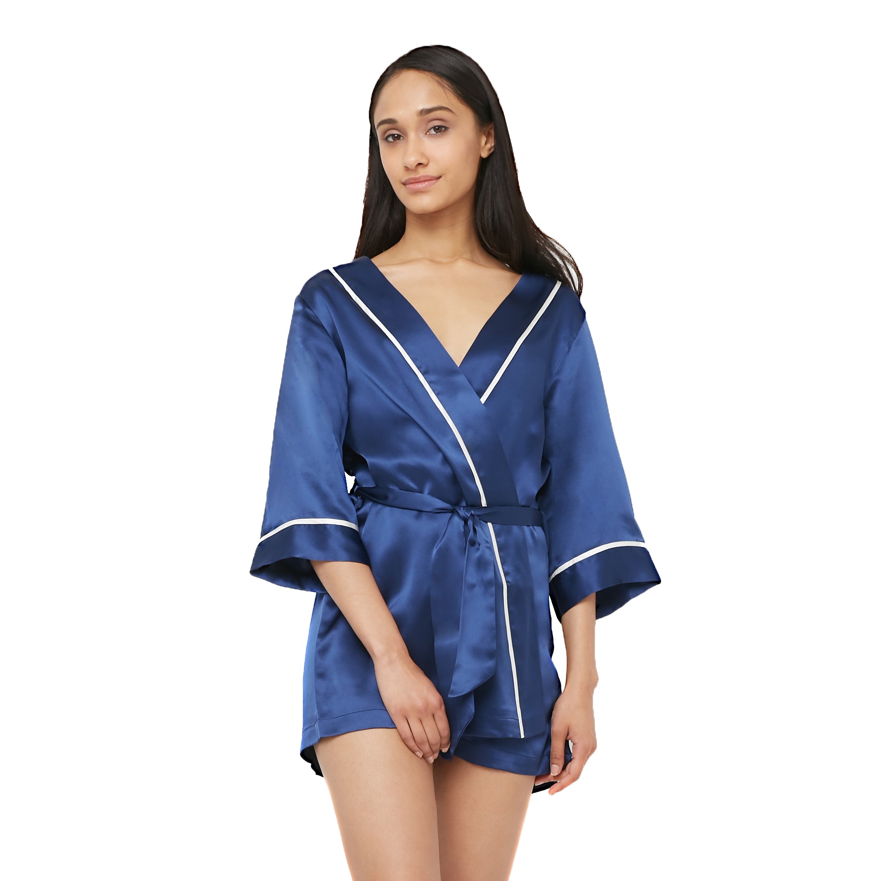Classic Silk Robe with Contrast Piping - MYK Silk #style_kimono style #color_navy blue