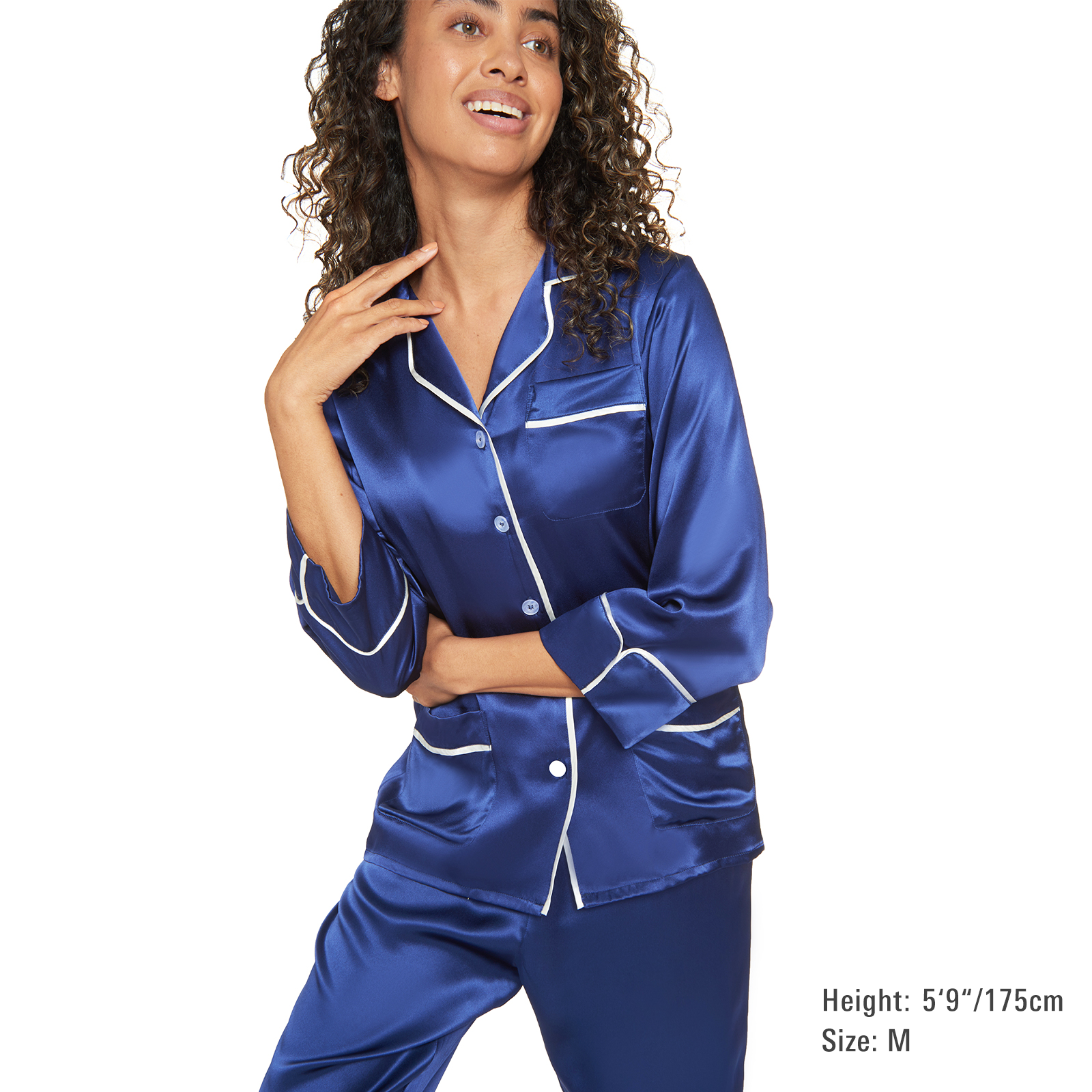 Silk Classic Long Pajama Set with Contrast Piping (22 Momme) - MYK Silk #color_navy blue