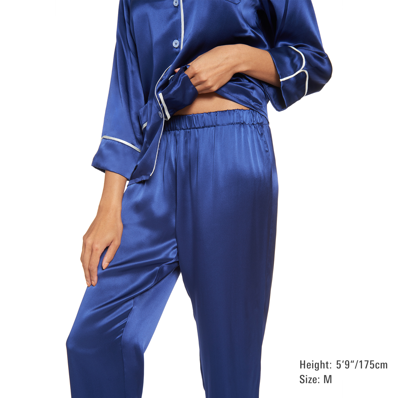 Silk Classic Long Pajama Set with Contrast Piping (22 Momme) - MYK Silk #color_navy blue
