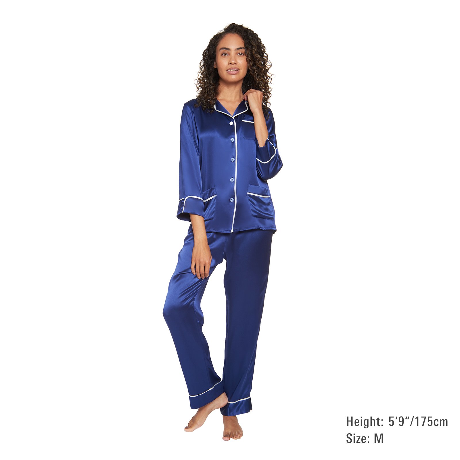 Silk Classic Long Pajama Set with Contrast Piping (22 Momme) - MYK Silk #color_navy blue