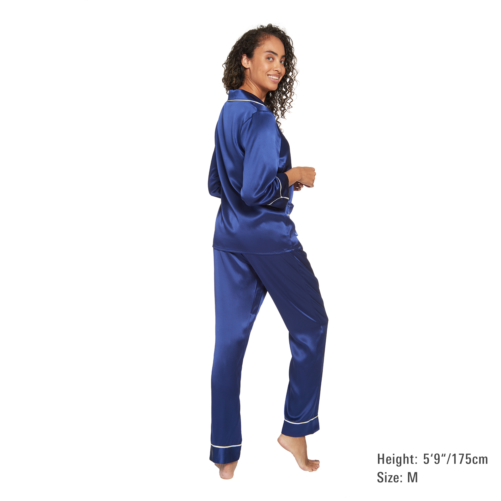 Women’s Blue Romance Silk Pajama Set with Piping, M