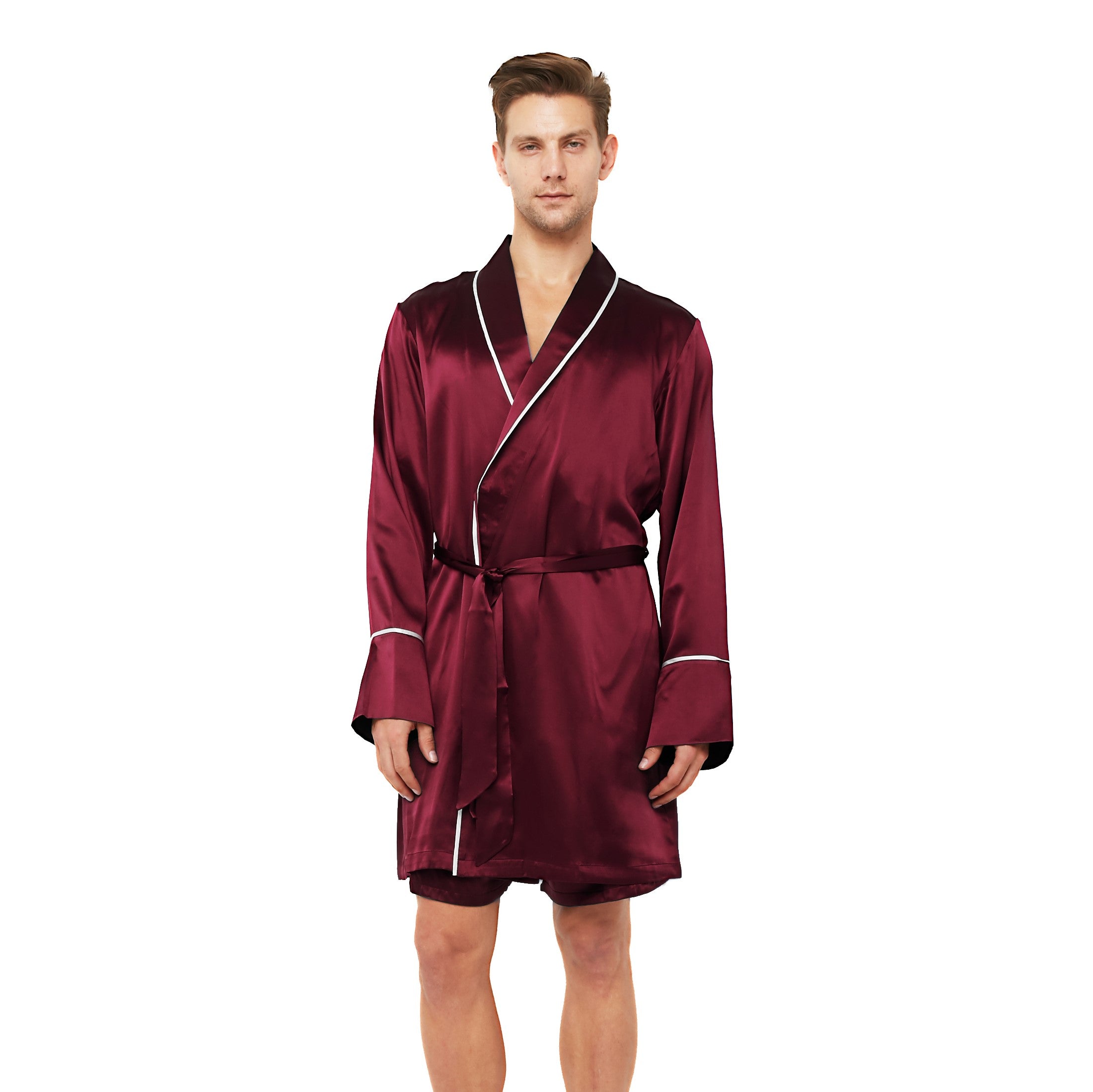 Classic Silk Robe with Shawl Collar Contrast Piping (22 Momme) - MYK Silk #color_burgundy