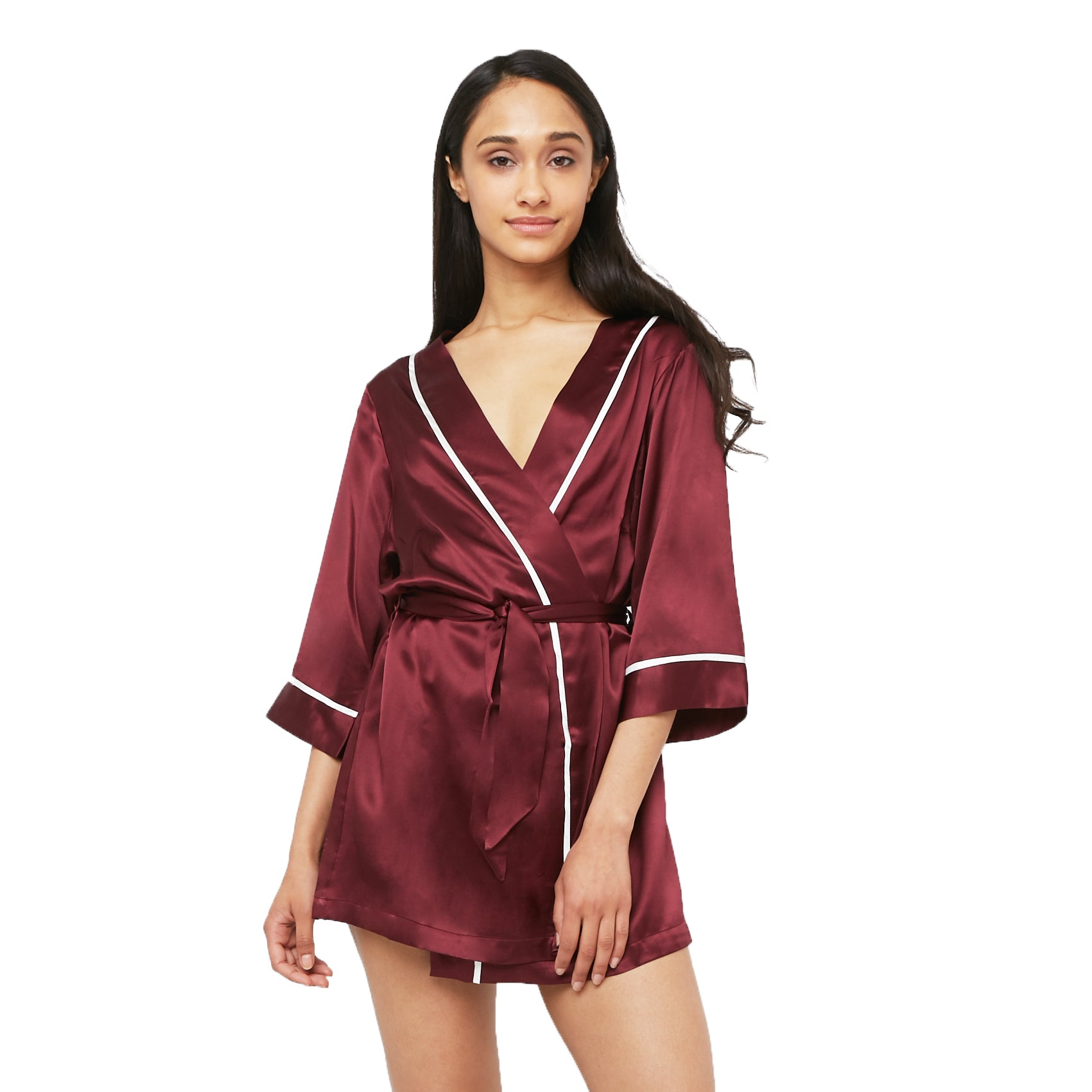 Classic Silk Kimono Styled Robe with Contrast Piping (22 Momme) - MYK Silk #style_kimono style #color_burgundy