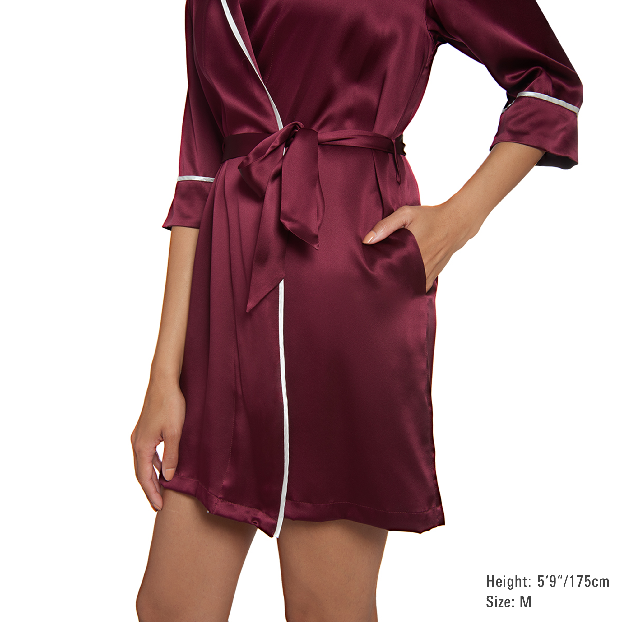 Classic Silk Robe with Contrast Piping - MYK Silk #style_shawl collar #color_burgundy