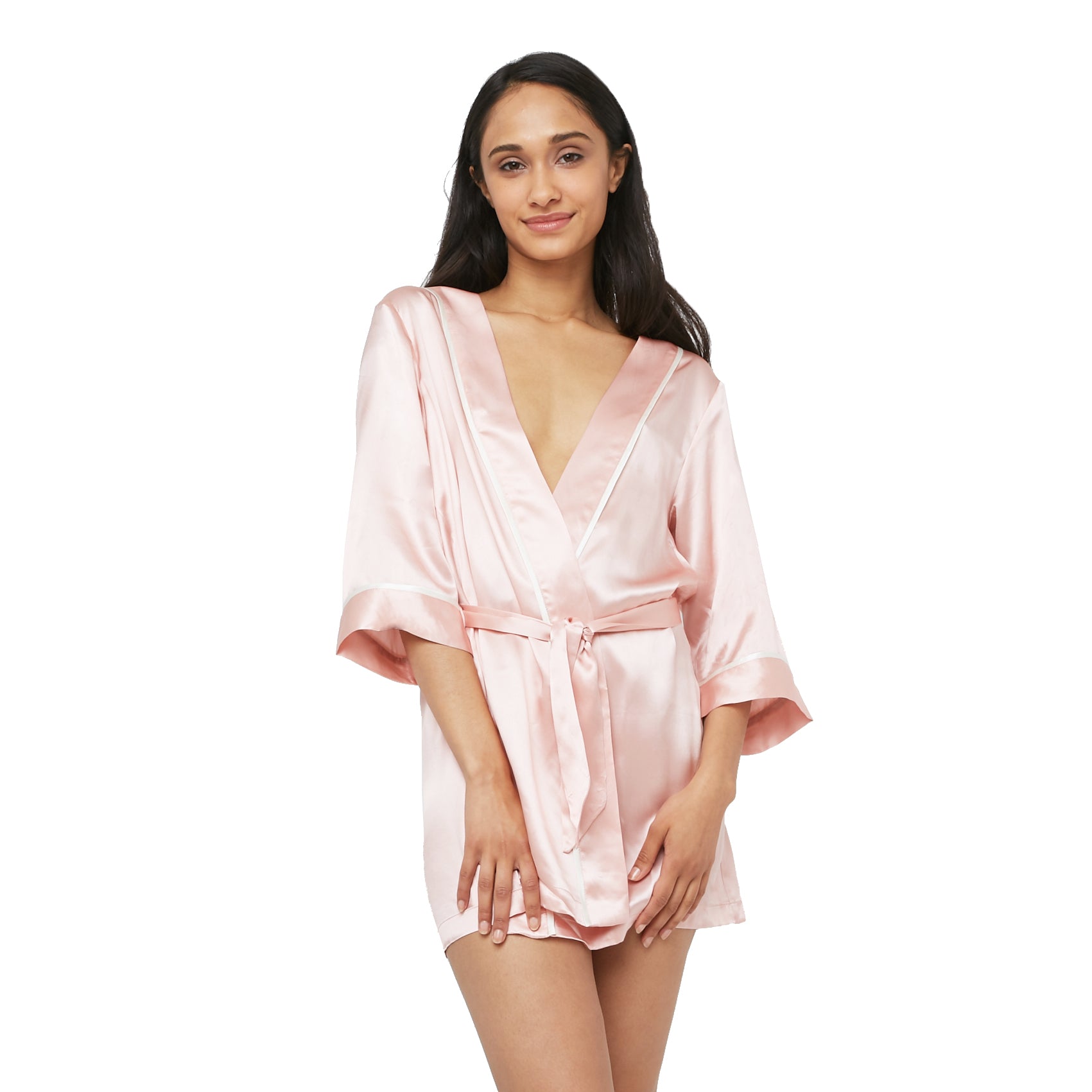 Classic Silk Kimono Styled Robe with Contrast Piping (22 Momme) - MYK Silk #style_kimono style #color_pink