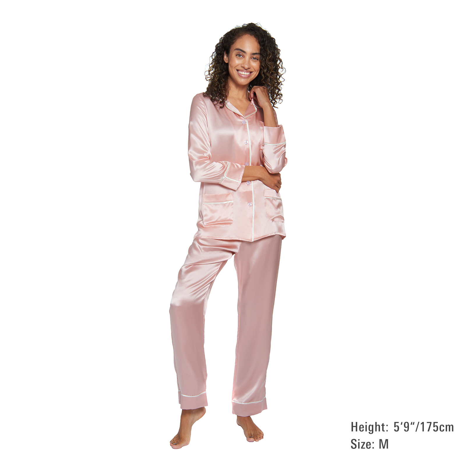 Silk Classic Long Pajama Set with Contrast Piping (22 Momme) - MYK Silk #color_pink