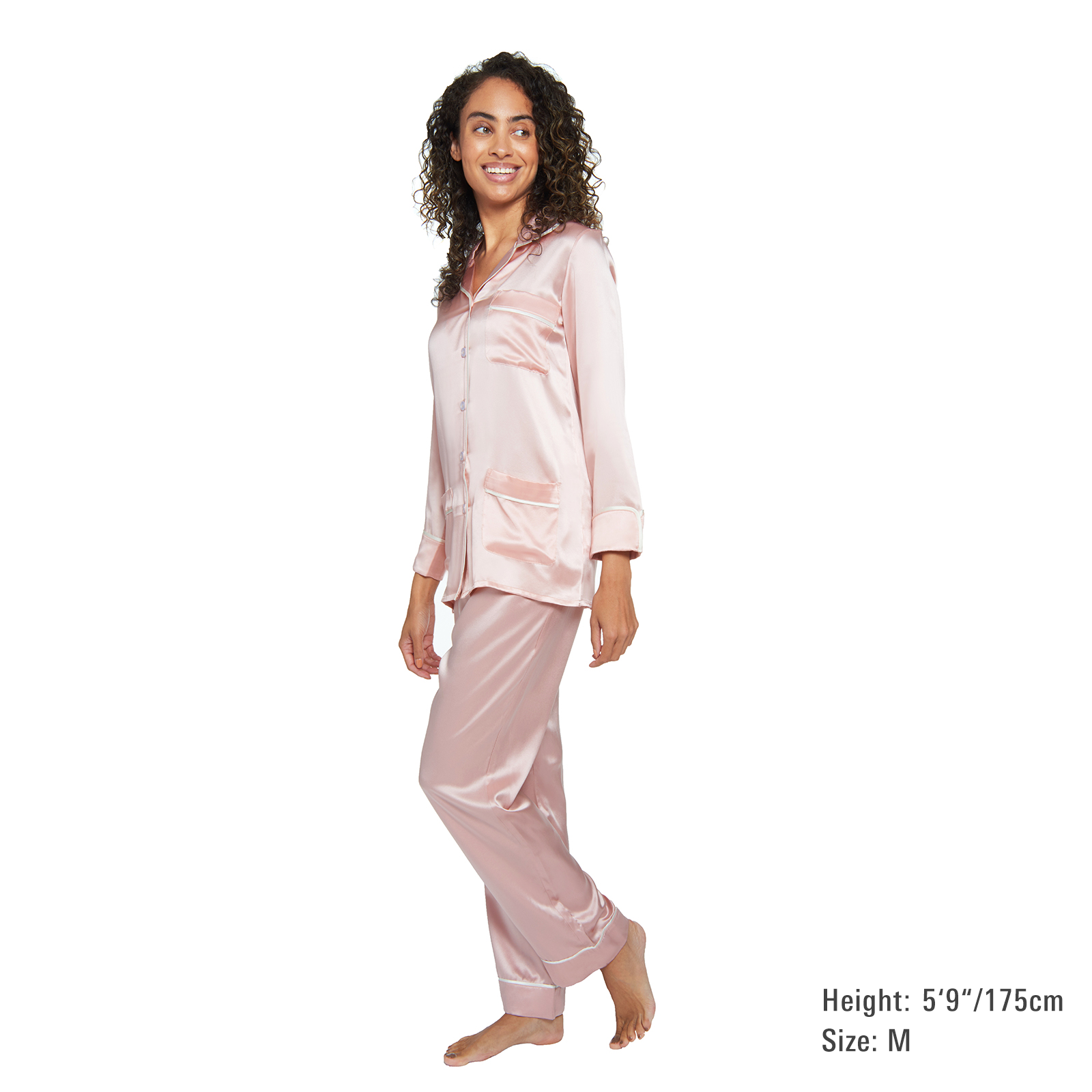 Silk Classic Long Pajama Set with Contrast Piping (22 Momme) - MYK Silk #color_pink