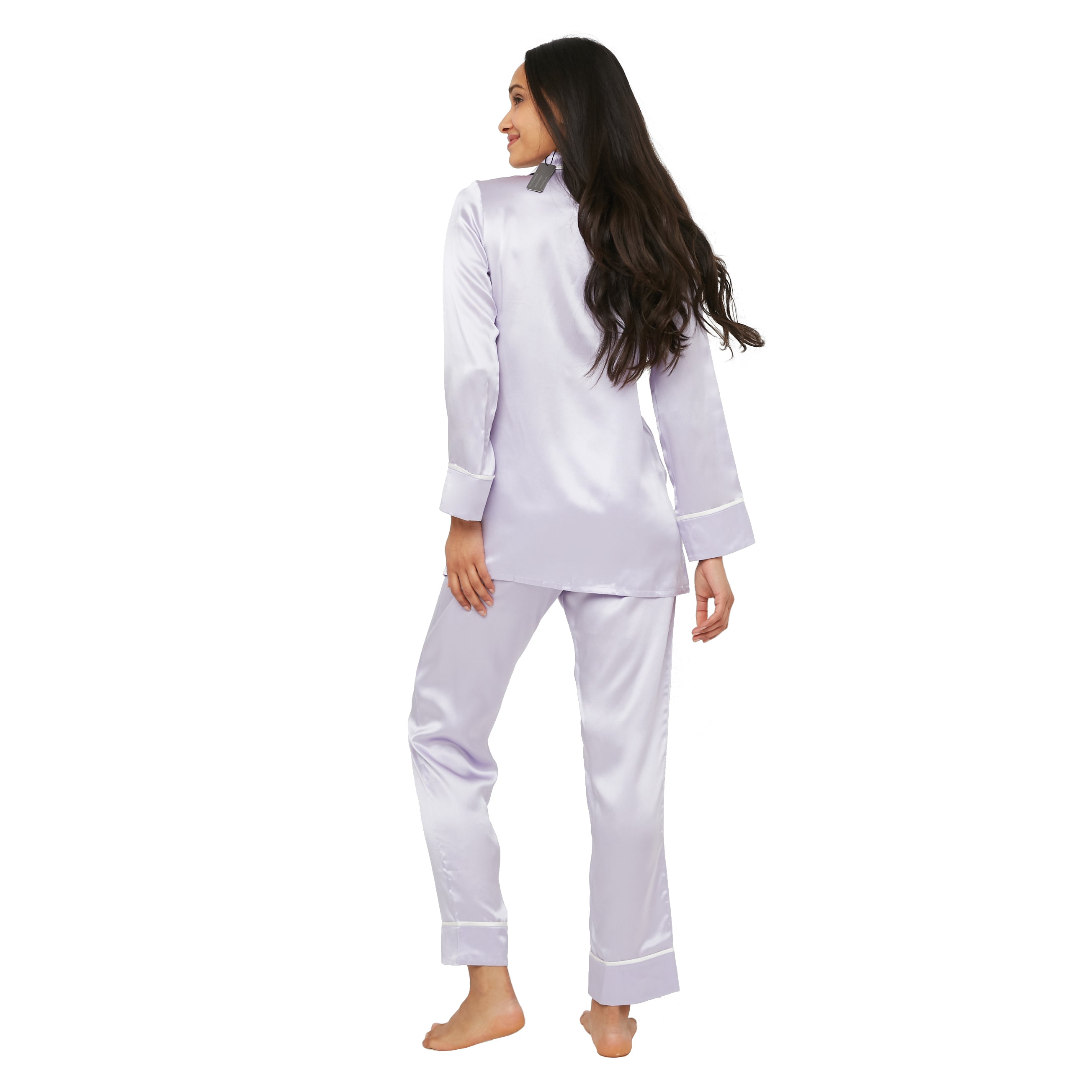 Silk Classic Long Pajama Set with Contrast Piping (22 Momme) - MYK Silk #color_lavender