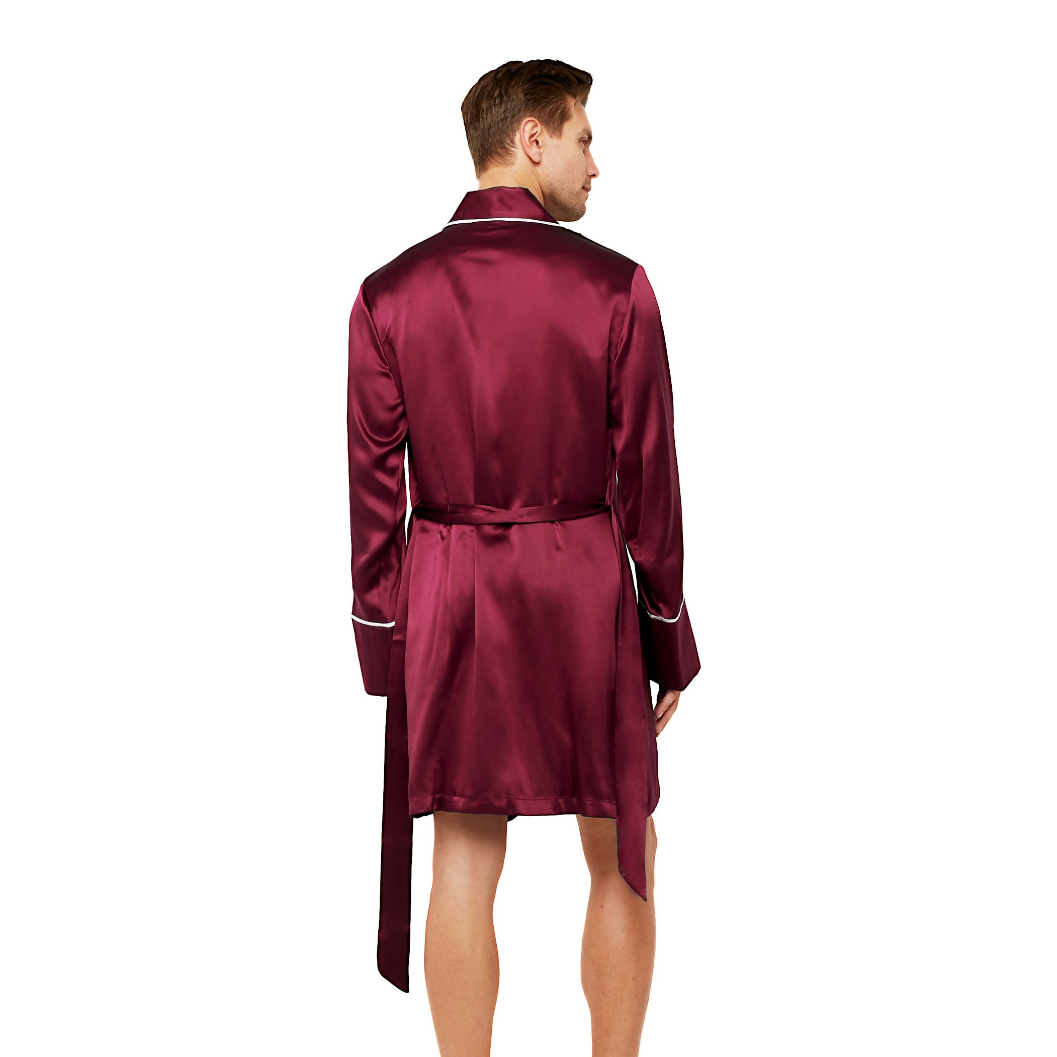 Classic Silk Robe with Shawl Collar Contrast Piping (22 Momme) - MYK Silk #color_burgundy