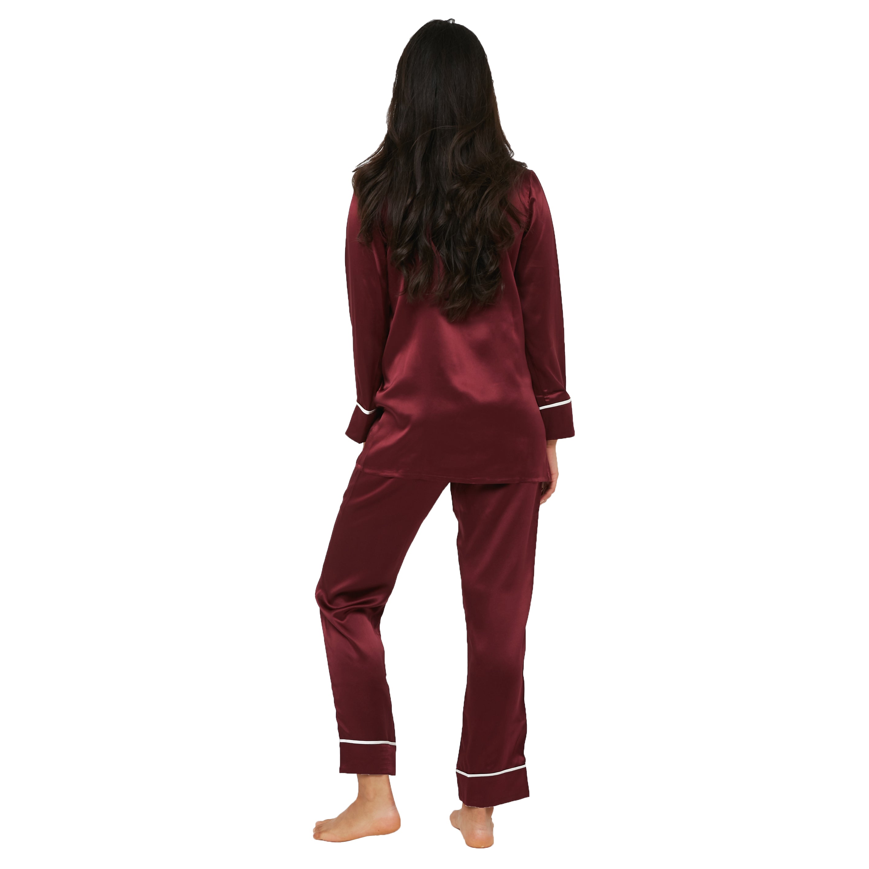 Silk Classic Long Pajama Set with Contrast Piping (22 Momme) - MYK Silk #color_burgundy