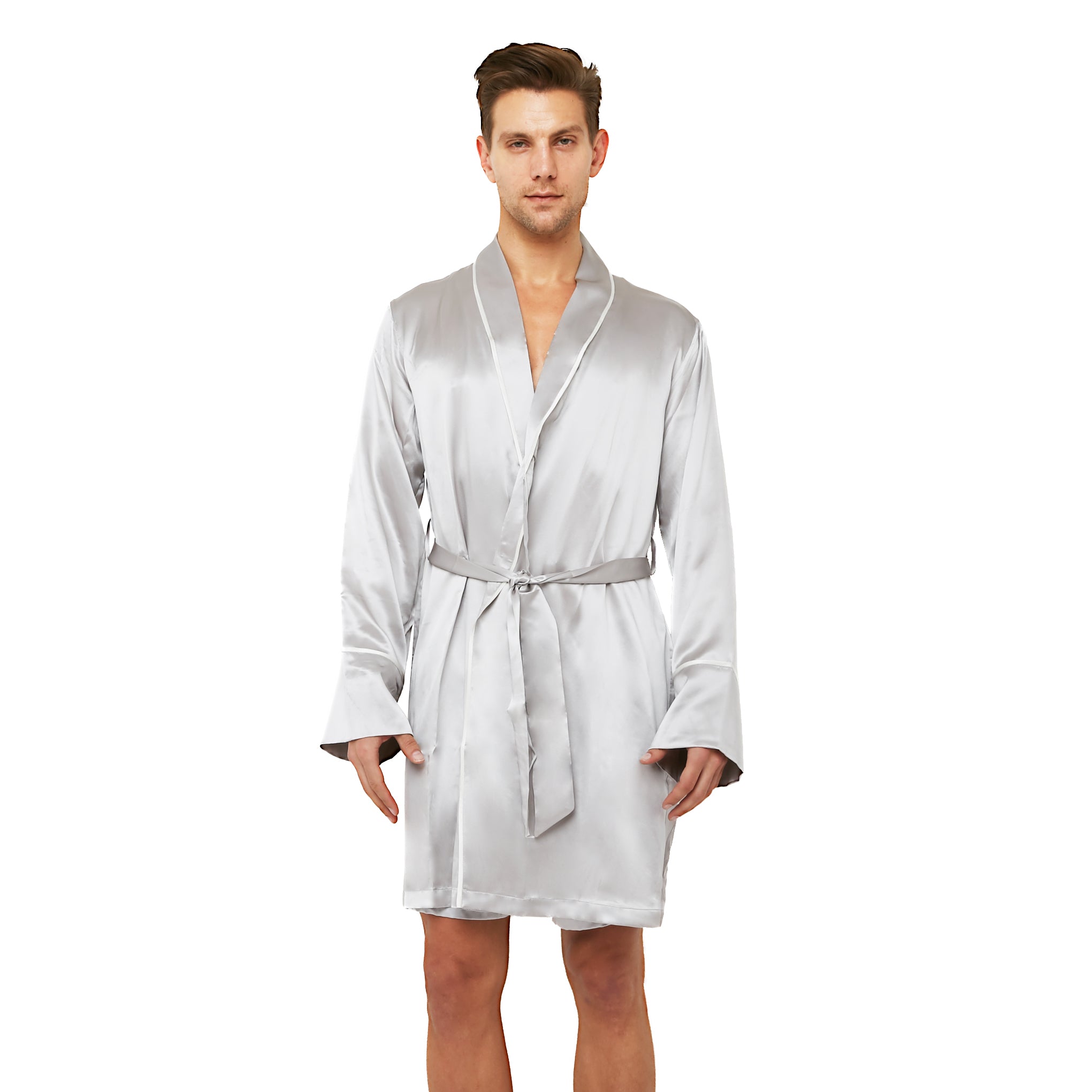 Classic Silk Robe with Shawl Collar Contrast Piping (22 Momme) - MYK Silk #color_french grey